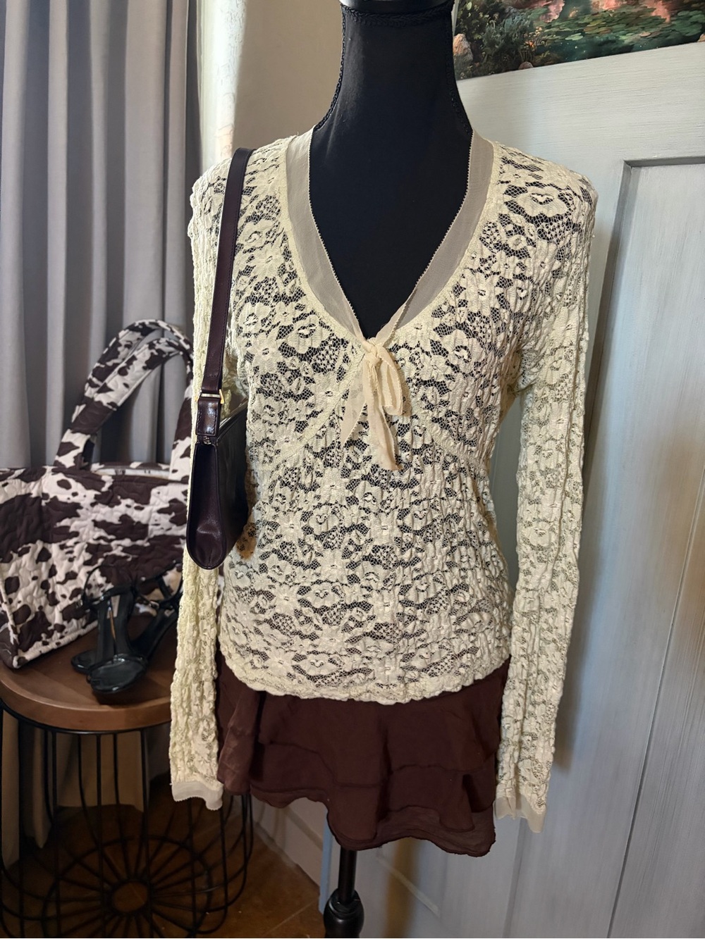 Calvin Klein Cream Lace V-Neck Tie-Front Top